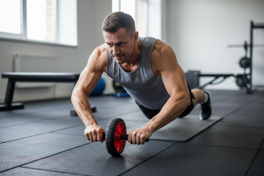 Realistic lifestyle photo of an athletic adult man in his 30s performing an ab roller rollout exercise on a gym floor. Neutral lighting, natural shadows, realistic body proportions. Wearing a tank top and shorts. Focused, calm expression. No exaggerated muscles, no exposed midriff. Documentary-style fitness photography. No text, no logos, no branding. He should be slightly sweaty and using the red variant abs roller.